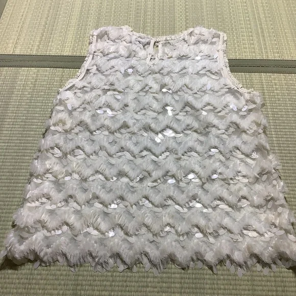 Anthropologie Blue Tassel Sleeveless Cream Top with Disk Sequins - Picture 7 of 8